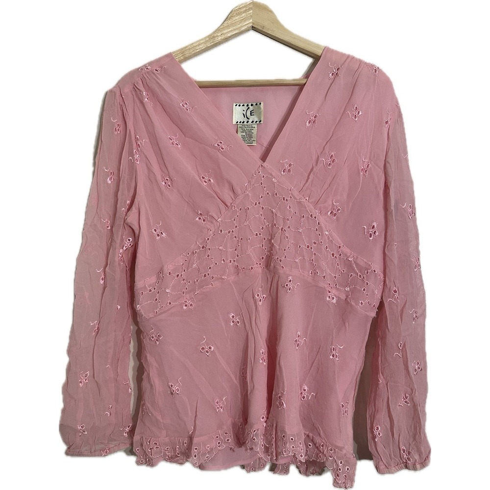 Vintage ICE Peasant Top Womens Sz L 100% Silk Eyelet Babydoll  Coquette‎ 90s Y2K